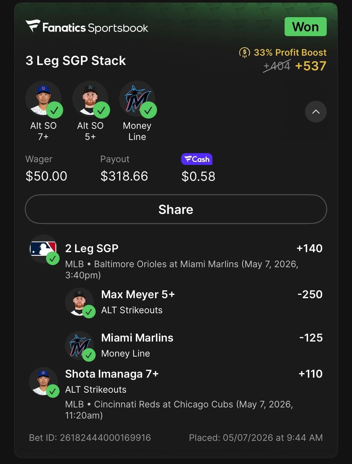 Fanatics SGP Stack +537 with 33% boost — $50 wager, $318.66 payout