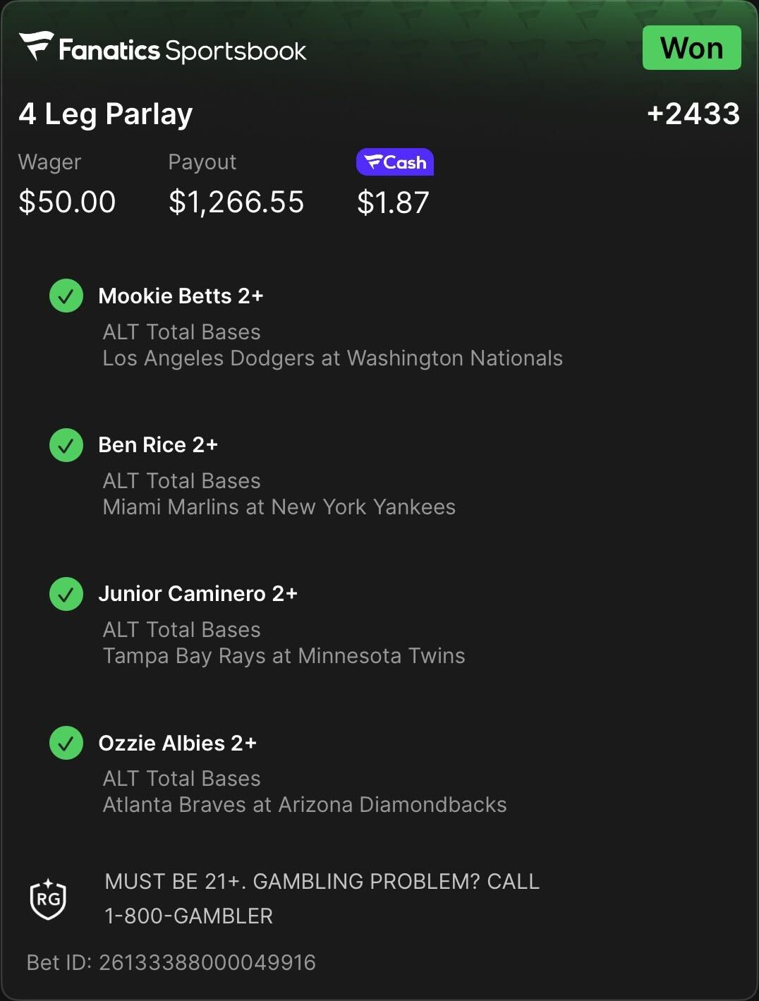 Fanatics 4 Leg Parlay +2433 — $50 wager, $1,266.55 payout