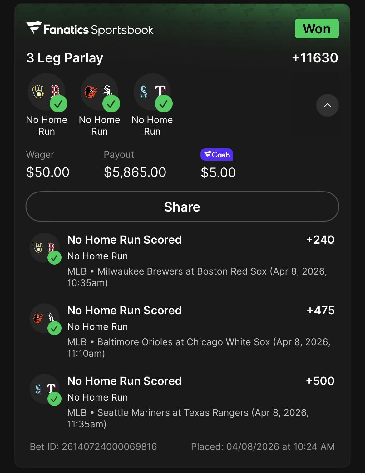 Fanatics 3 Leg Parlay +11630 — $50 wager, $5,865 payout