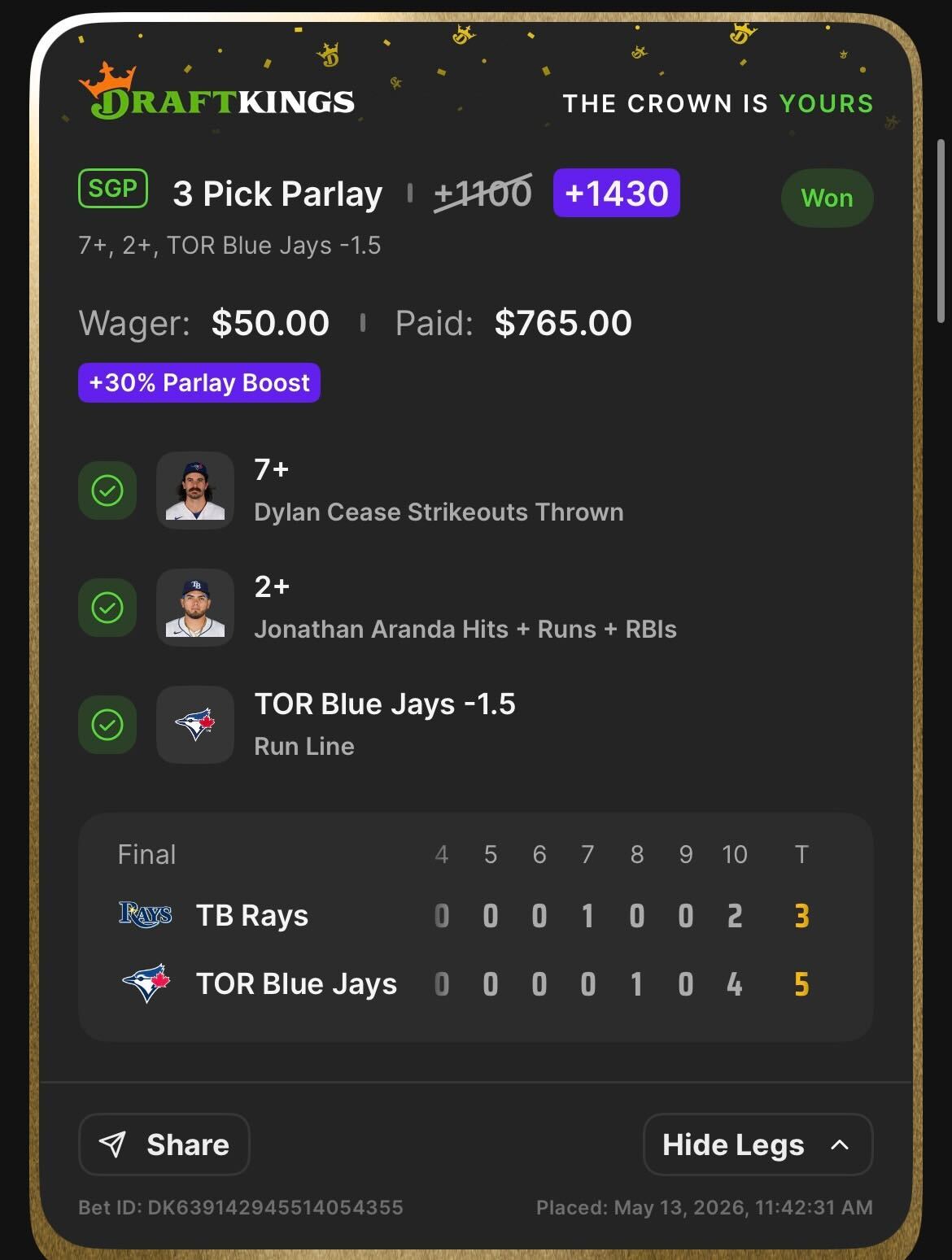 DraftKings SGP +1430 with 30% boost — $50 wager, $765 payout