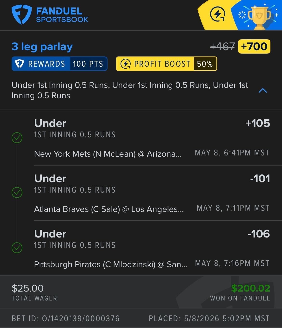 FanDuel NRFI Parlay +700 with 50% boost — $25 wager, $200.02 payout